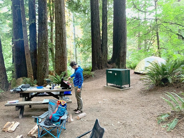 view of person cooking at picnic table at tent campsite at Mill Creek Campground in California