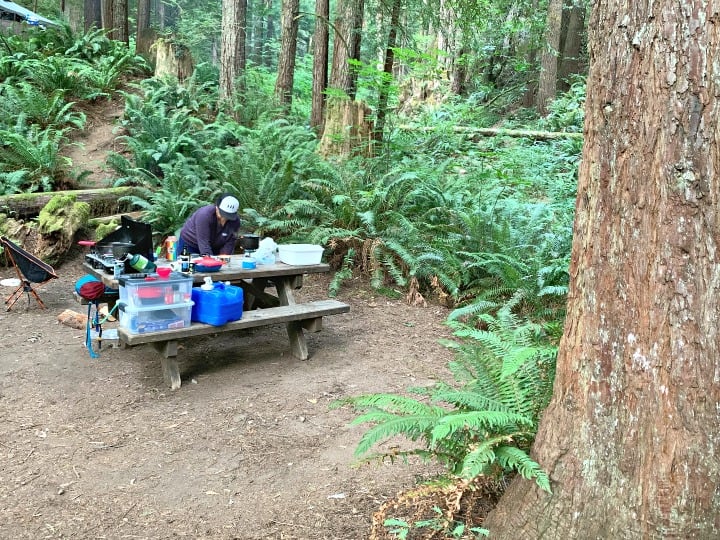 person sitting at picnic table at campsite 