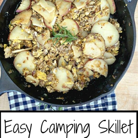 camping breakfast skillet of eggs, potatoes and sausage and large graphic