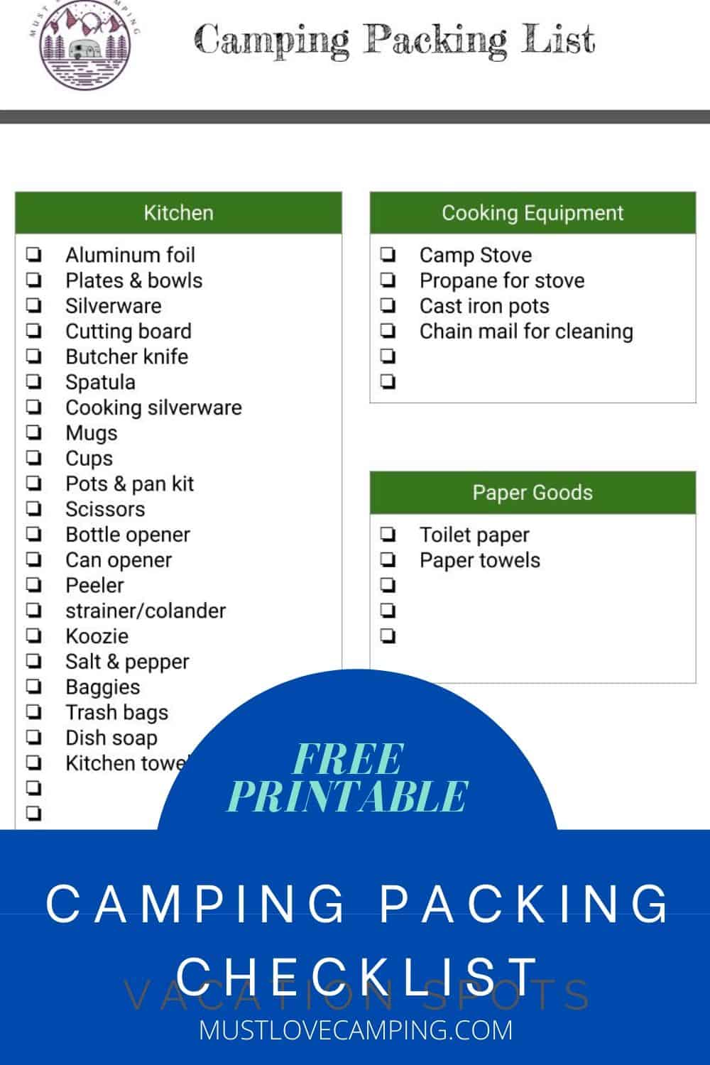 downloadable camping packing list with large graphic over it