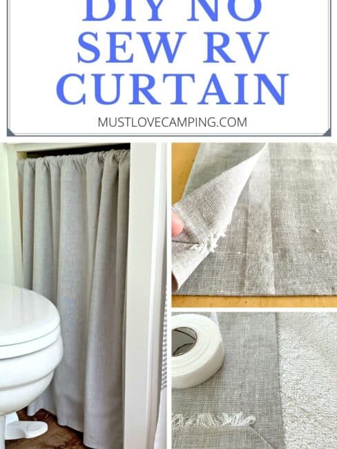 collage of no sew curtain in an RV bathroom